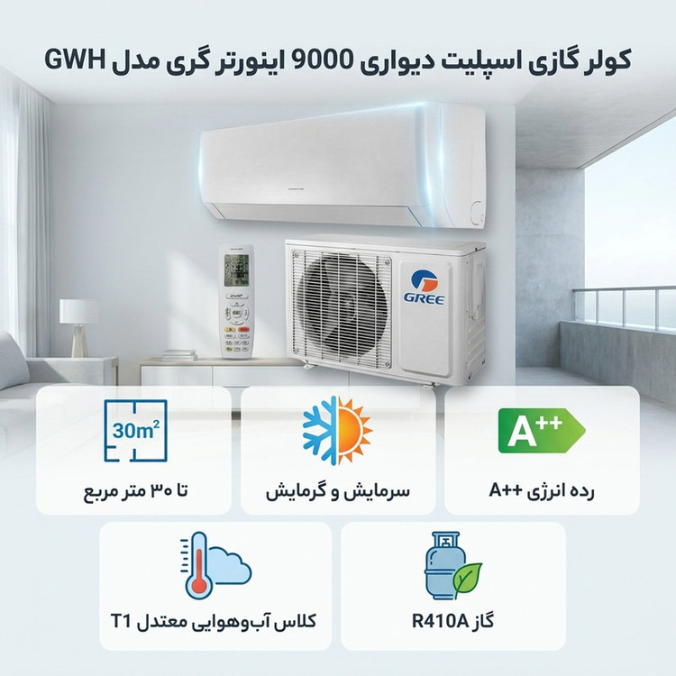 کولر گازی اسپلیت دیواری 9000 اینورتر گری مدل GWH